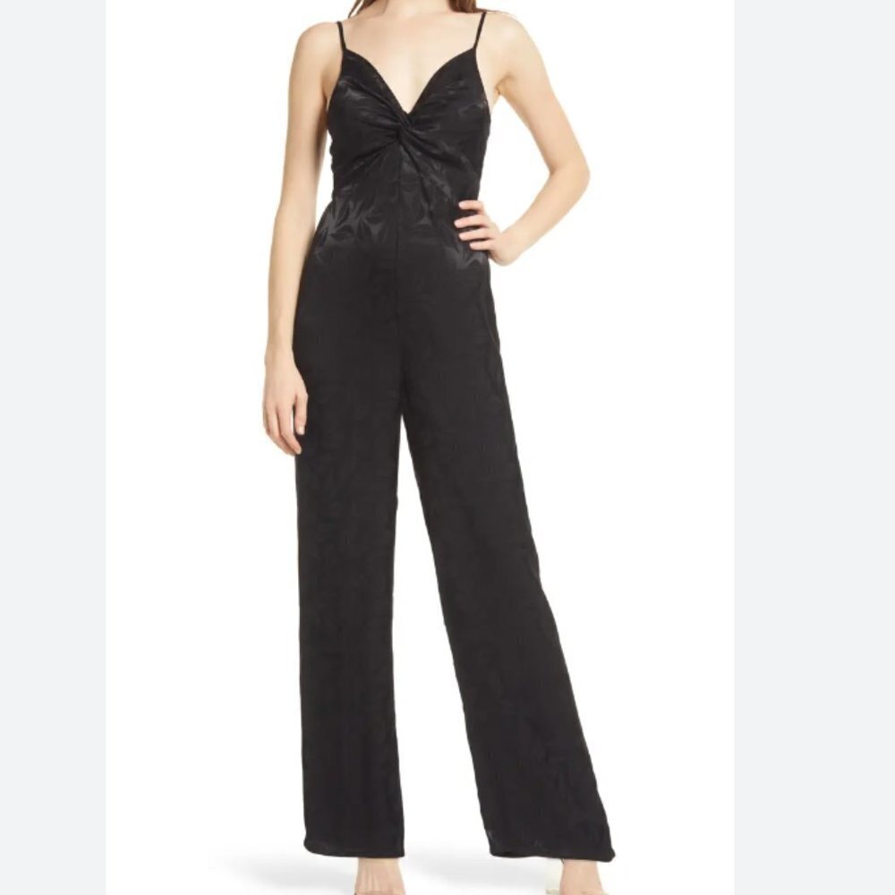 NSR Molli Jacquard Spaghetti Strap Jumpsuit - Black - size Large